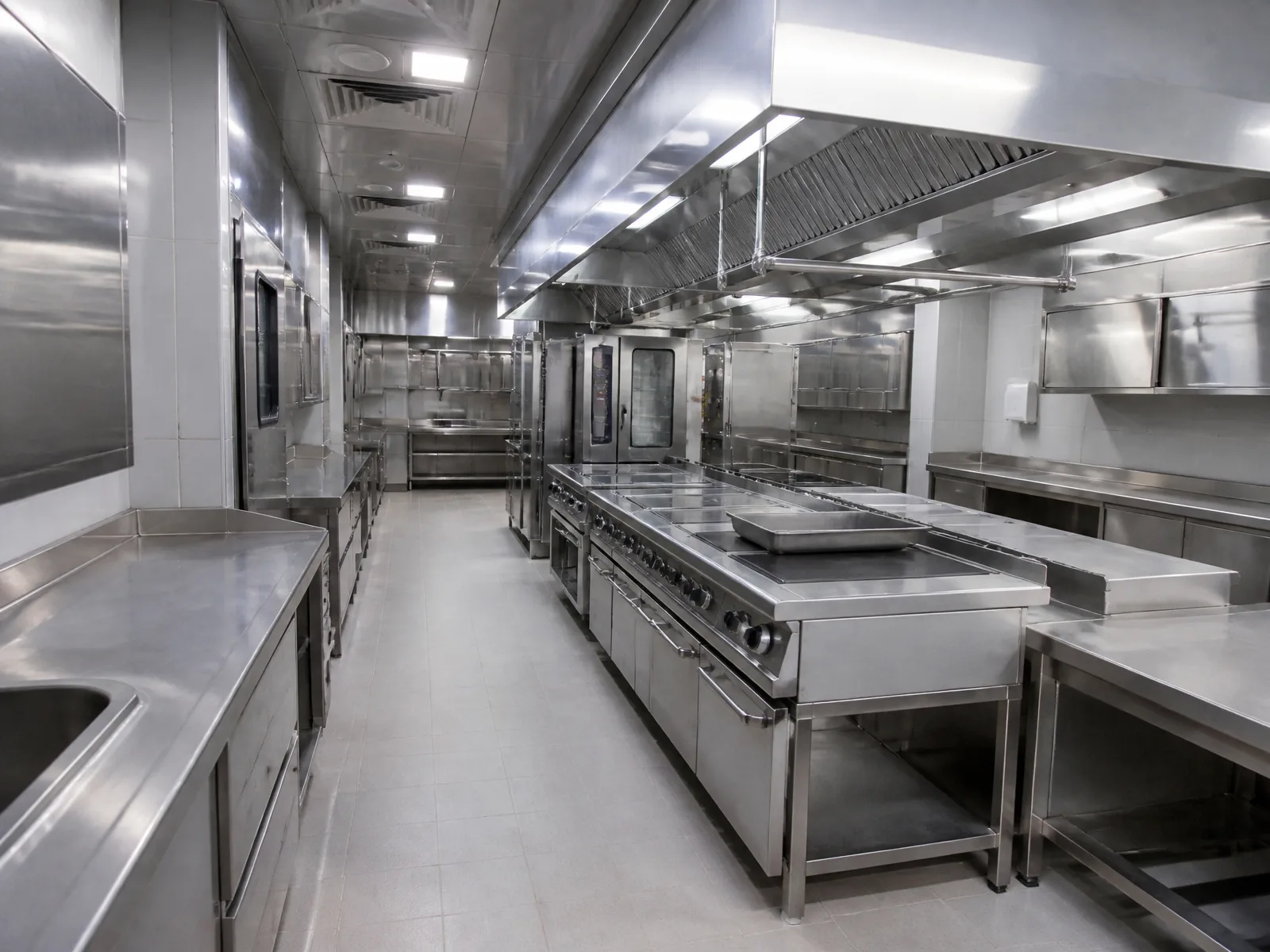 Completed commercial kitchen with stainless-steel equipment, extraction systems and preparation counters.