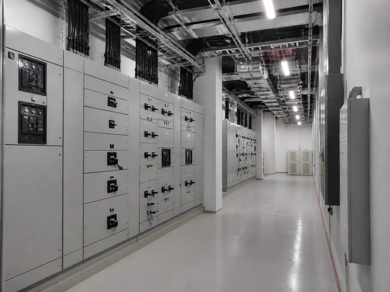 Completed commercial electrical installation with distribution boards, cable containment and organized power infrastructure.