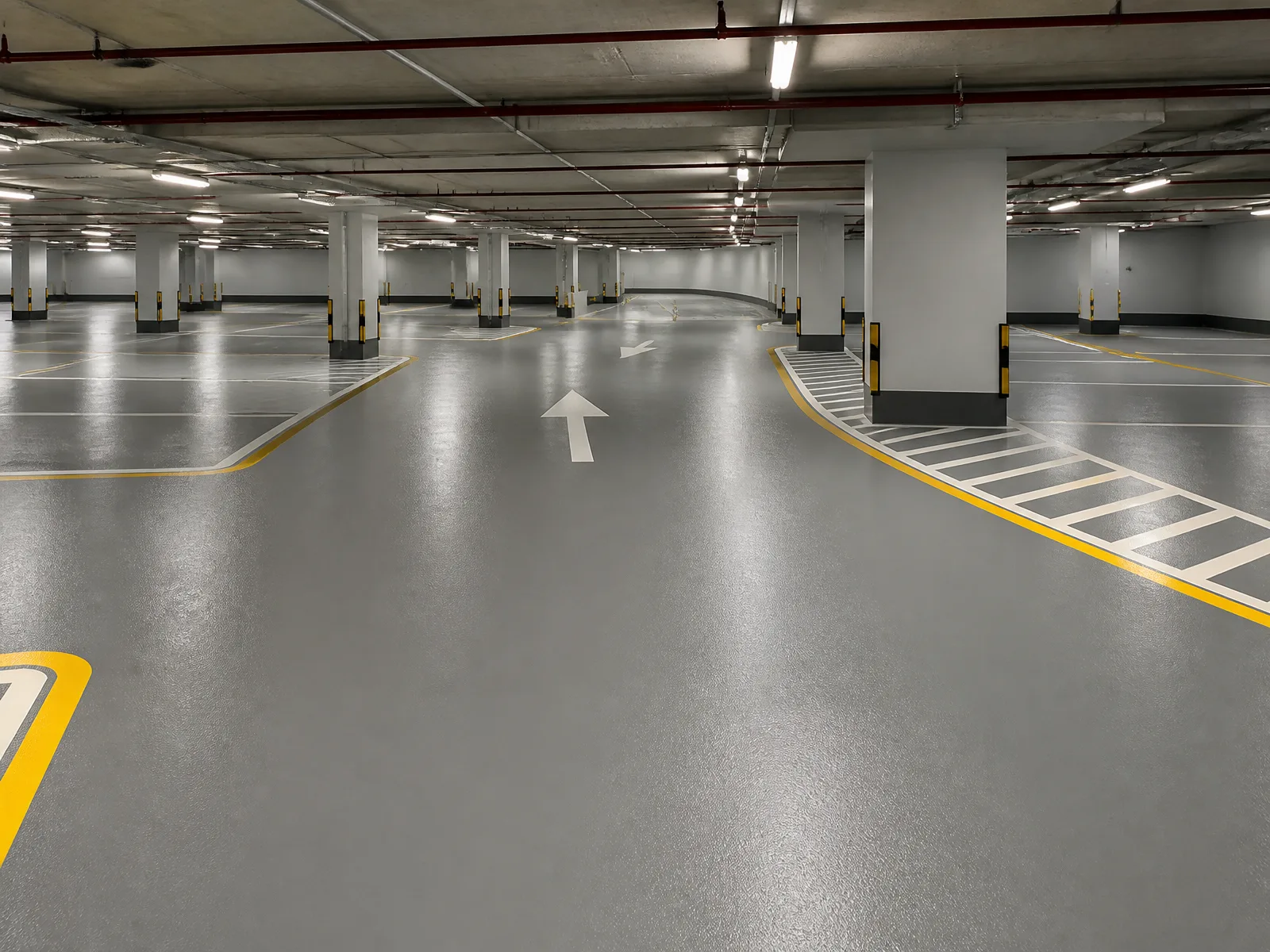 Completed commercial car park with durable epoxy flooring, safety lines and marked parking bays.