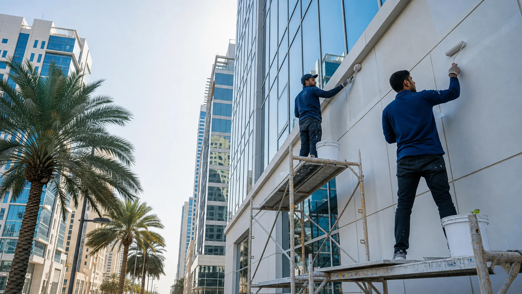 Painters on scaffolding applying protective exterior coating to a commercial building facade in Dubai.