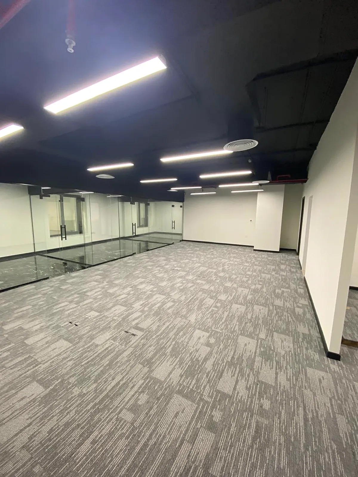 Completed office floor with patterned carpet tiles, glass partition doors and recessed ventilation diffusers